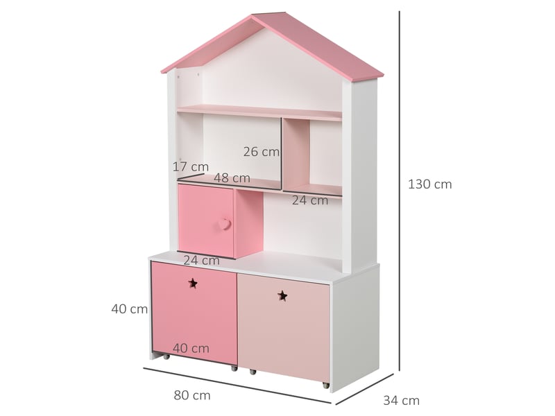  Bibliothèque enfant en bois, avec 4 compartiments, 1 porte et 2 tiroirs à roulettes pour livres et jouets, 80 x 34 x 130 cm, rose et blanc  - Conforama D