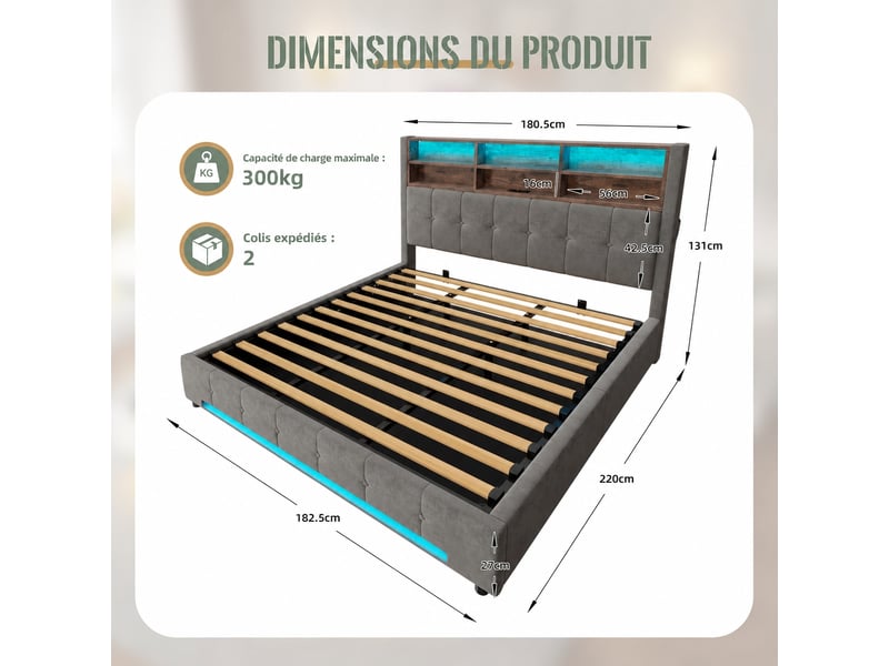 Lit coffre avec mécanisme hydraulique, velours, tête à 6 compartiments, usb-c et led, gris foncé, 180 x 200 cm - Conforama C