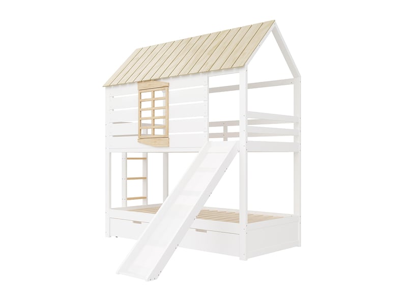 Lit superposé 90x200 avec toboggan et 2 tiroirs couleur blanc naturel  - Conforama A