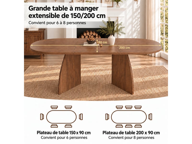  Table à manger extensible 6 à 8 personnes, coloris noyer, 150 à 200 x 90 cm  - Conforama E