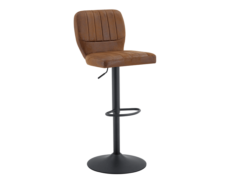 Tabouret de bar pivotant avec hauteur réglable, dossier et repose-pieds, en simili cuir marron et métal noir - Conforama A