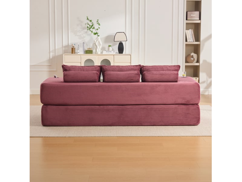  Canapé convertible 3 places avec poches, porte-gobelets et coussins à mémoire de forme, en velours côtelé rouge  - Conforama E