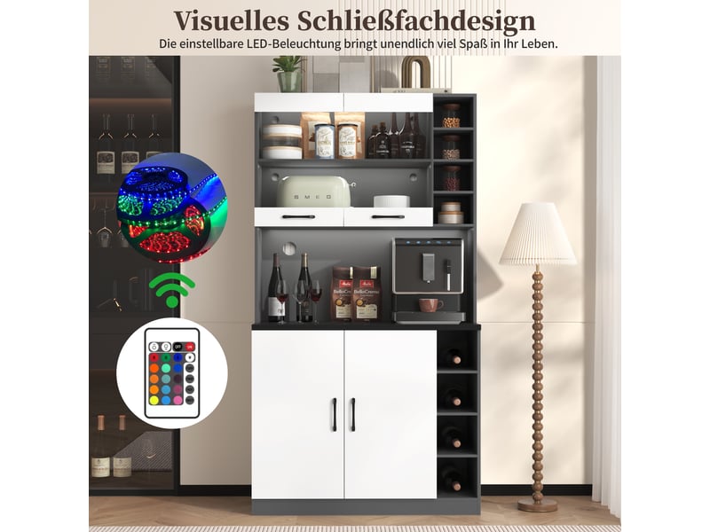  Buffet de cuisine blanc 187 cm avec led, rangements ajustables et passe-câbles, meuble haut  - Conforama E