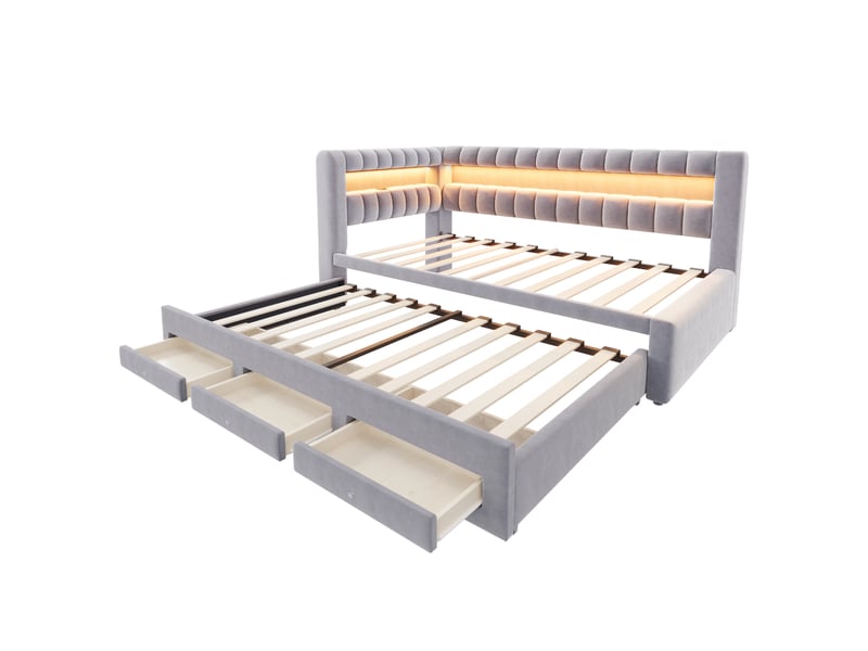  Lit banquette 90x190 cm gris clair avec lit gigogne, tiroir, led et usb  - Conforama D