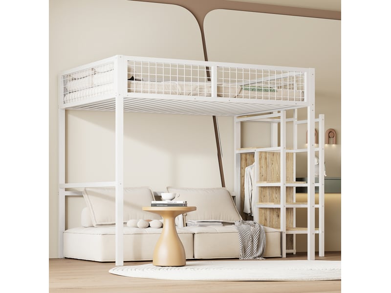  Lit mezzanine 140x200 cm, armoire, meuble de chambre, rangement, lit enfant, échelle incluse, métal, blanc, sans matelas  - Conforama E