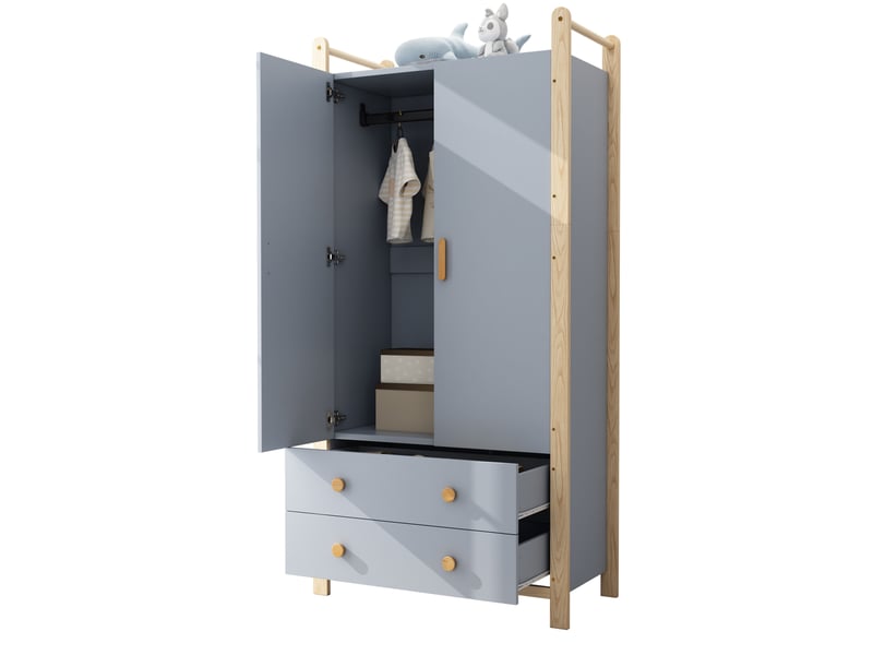  Armoire 2 portes avec penderie et 2 tiroirs, 90 x 45 x 180 cm, bleu et bois  - Conforama A