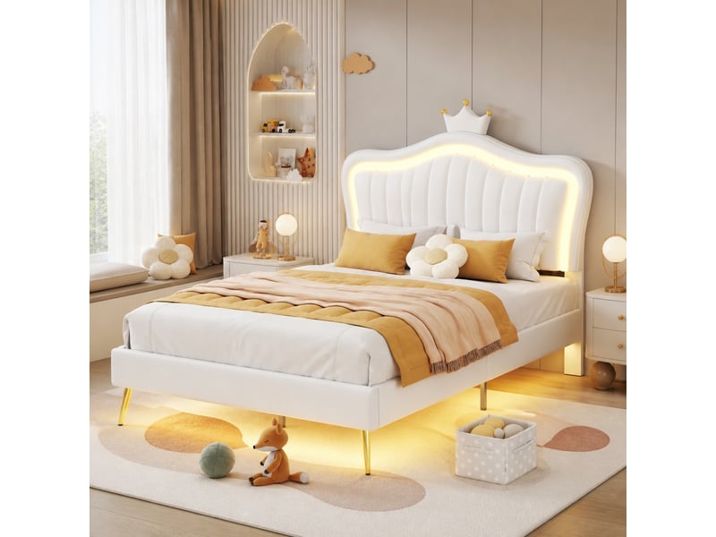  Lit enfant rembourré 90x200 cm avec led et tête de lit couronne blanc  - Conforama B