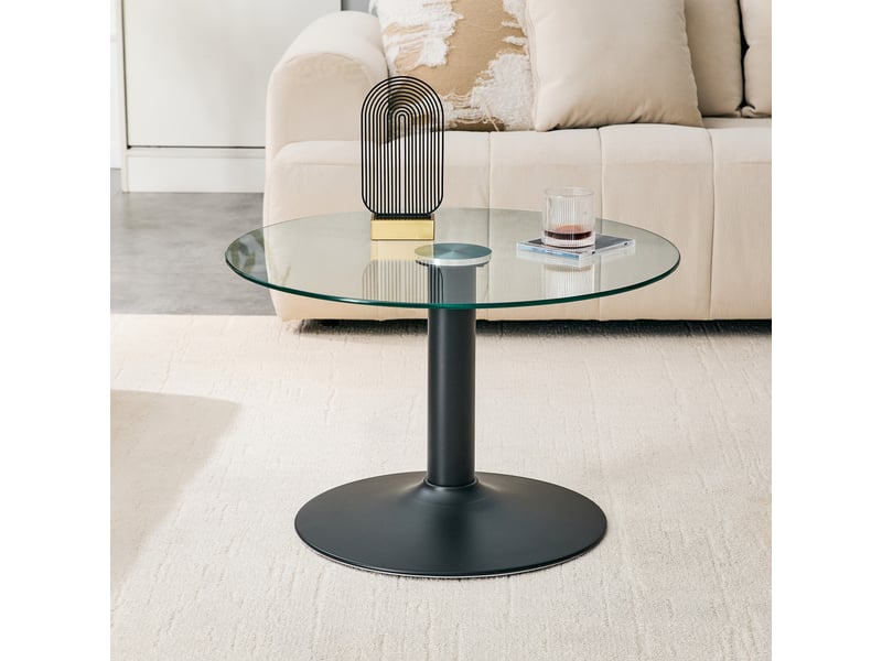  Table basse ronde en verre d'environ 70 cm – table d'appoint, noir avec plateau en verre trempé et structure métallique robuste  - Conforama E