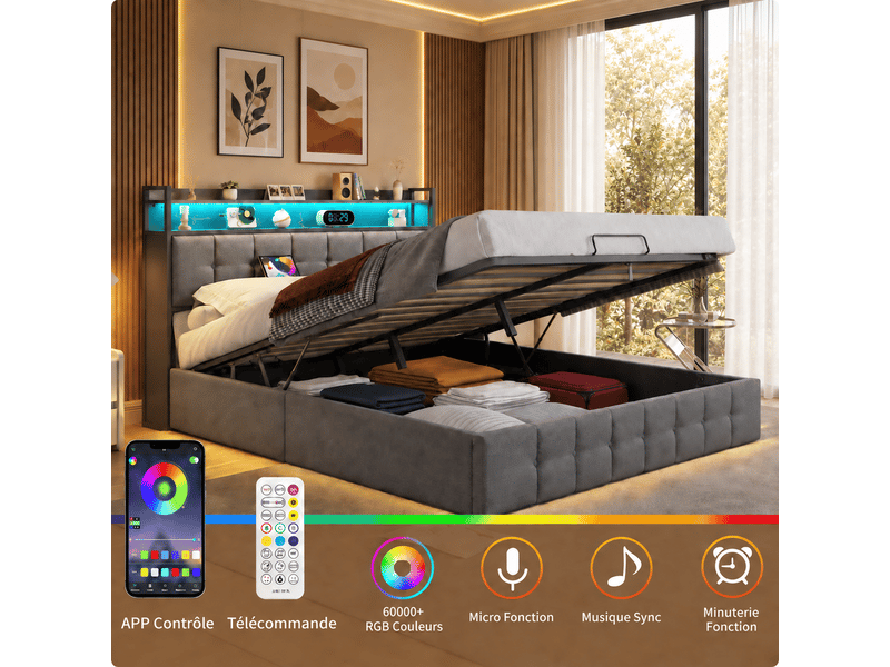 Lit coffre double 160x200cm avec led et prise usb tpye c - rangement de chevet et tête de lit rembourré- hydraulique - lit adulte 2 personnes - pu - noir - lit capitonné, lit 2 places, cadre de lit, lit ado, sommier à lattes, c… - Conforama B