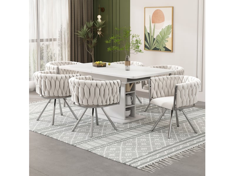  Chaise de salle à manger pivotante lot de 4, dossier incurvé, pieds métalliques, en velours beige et argenté  - Conforama D