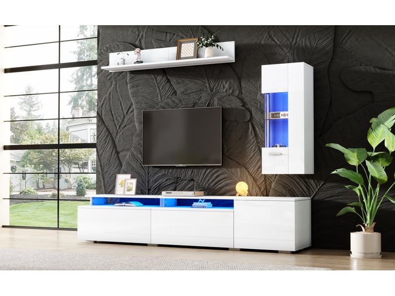  Ensemble meuble tv mural led 3 pièces 180 cm avec vitrine et étagère, design modulaire mdf blanc brillant  - Conforama W