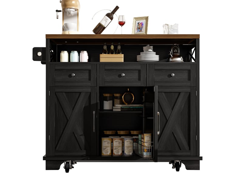 Desserte de cuisine avec 3 tiroirs et plateau rabattable sur roulettes, porte-serviettes, noire, 118 × 43-80 × 98 cm - Conforama A