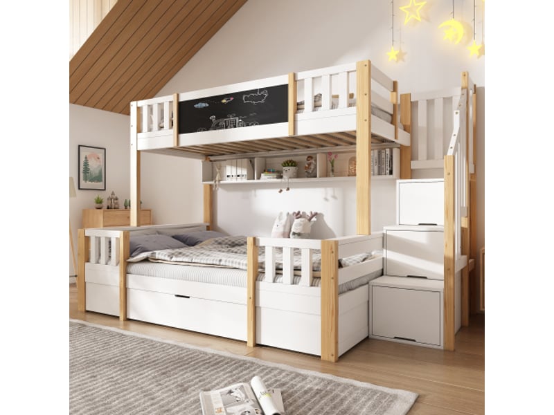 Lit mezzanine bois massif 90x200140x200, ardoise, escalier rangement tiroirs, armoire-échelle blanc naturel - Conforama B