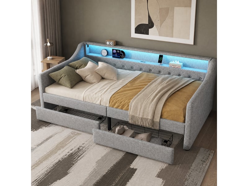 Lit banquette avec sommier à lattes, deux tiroirs, éclairage led à télécommande et prise usb, en lin gris - Conforama C