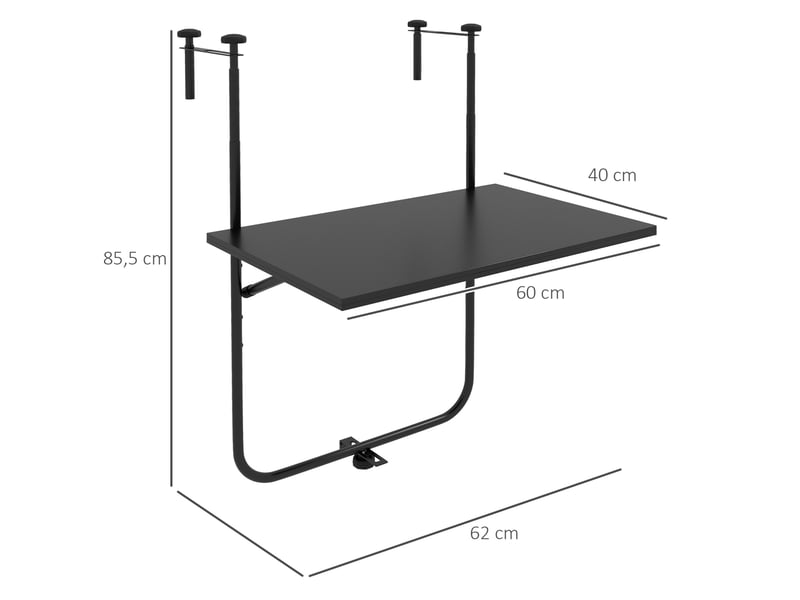 Table de balcon à suspendre 62x60 cm noire en métal, pliable, réglable sur 3 hauteurs et jusqu'à 15 kg - Conforama C