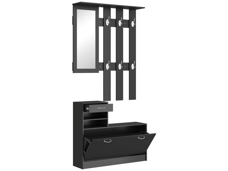  Ensembles 3 en 1 de meuble d'entrée vestiaire avec panneau porte-manteau, miroir et banc à chaussures noir  - Conforama A