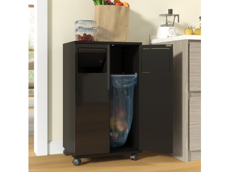  Meuble de tri des déchets modenvie 2 compartiments à roulettes 46,7 x 35 x 80 cm mdf noir brillant  - Conforama B