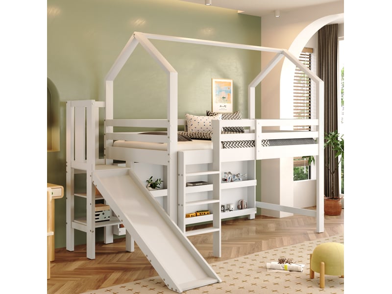  Lit enfant 90x200 cm avec toboggan, escalier et rangements, bois et mdf, blanc, sans matelas  - Conforama B