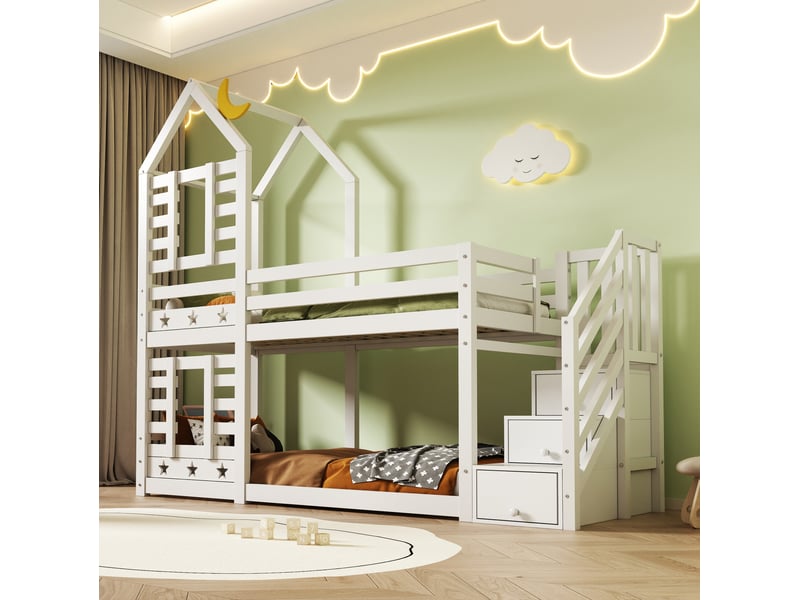  Modenvie lit superposé enfant 90x200 cm - avec rangements, 2 tiroirs, 2 sommiers inclus - blanc  - Conforama E