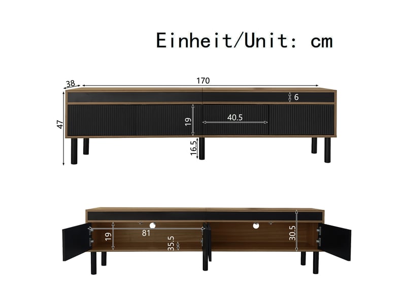  Meuble tv modenvie 170 x 38 x 47 cm 4 portes sans poignées noir et naturel  - Conforama C