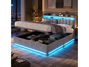 Lit coffre 140x190 avec sommier led et usb, lit double avec rangement hydraulique et sommier à lattes en bois et velours