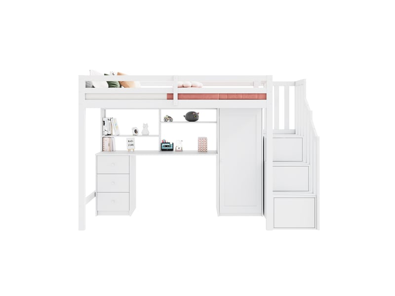  Lit superposé avec bureau et armoire 90x200 cm - bois massif blanc rangement intégré  - Conforama A