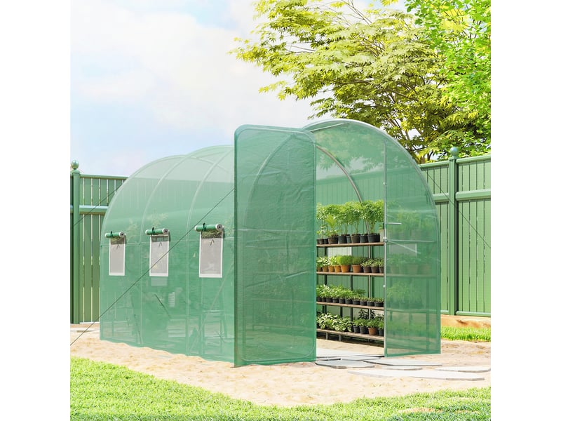  Serre tunnel de jardin 6m², serre de jardin tunnel 200x300x200cm porte et 6 fenêtres, bâche pe 140 gm² vert  - Conforama D