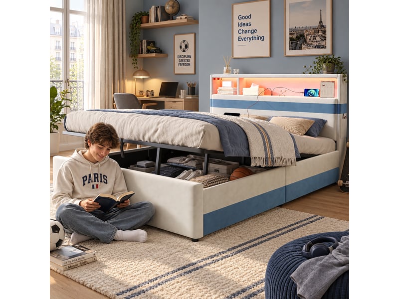  Lit coffre rembourré 140x200 cm avec hydraulique, lit surélevé avec tête de led à rangements, ports usb et poches, lit coffre en velours blanc et bleu Seren Glow - Conforama E