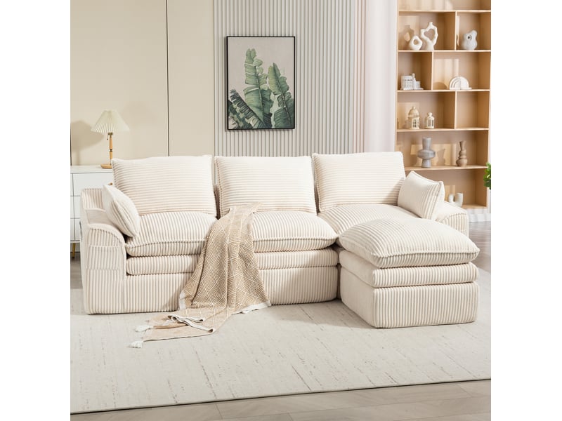 Canapé 3 places modulaire en velours côtelé beige avec pouf et coussins - Conforama B