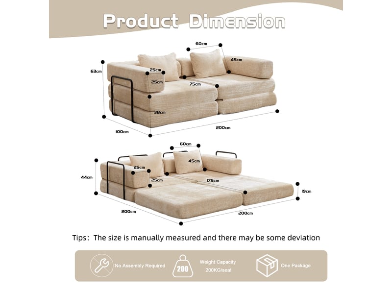  Canapé convertible 2 places - 200x100x63cm - canapé lit modulaire tissu chenille matelas ressorts ensachés - beige  - Conforama E