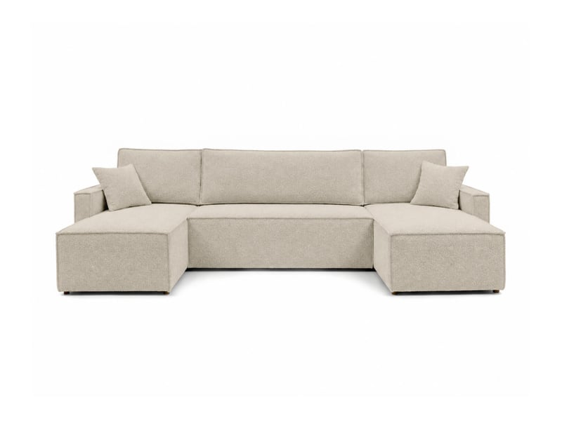  Farah - canapé d'angle panoramique convertible 6 places accoudoirs slim en tissu bouclettes texturées  - Conforama E