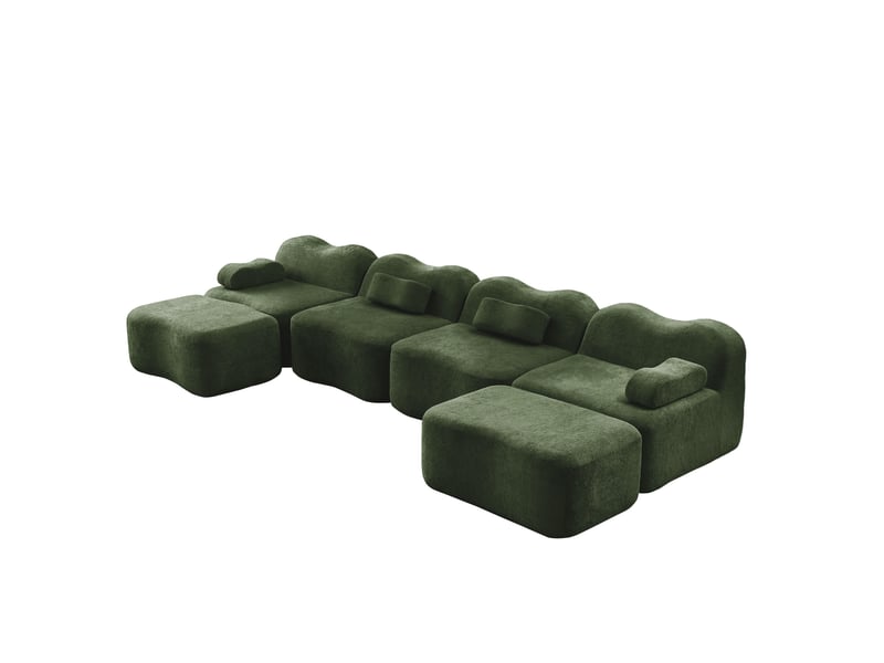 Canapé modulable u 4 places 384x167x70 cm, sans cadre, forme ondoyante, 2 poufs mousse 32d, velours, vert - Conforama A