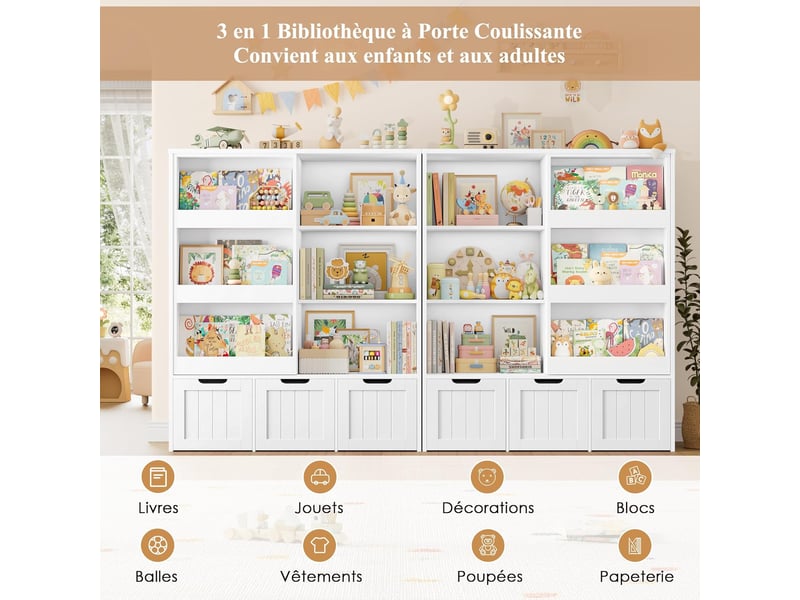  Bibliothèque enfant avec porte coulissante, 120,5x37x100cm blanc  - Conforama D