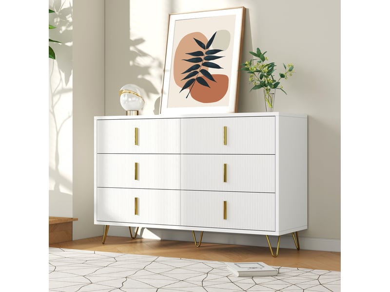 Commode bas 6 tiroirs 120x77x40 cm, ondulé, poignées et pieds dorés, panneau de particules, blanc et doré  - Conforama E