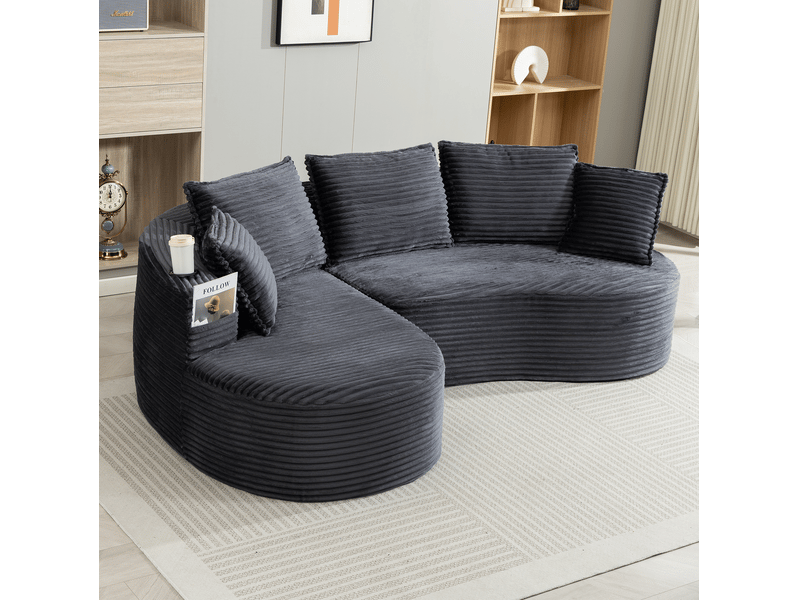  Canapé 3 places incurvé en velours côtelé gris foncé avec porte-gobelets et poche latérale  - Conforama B