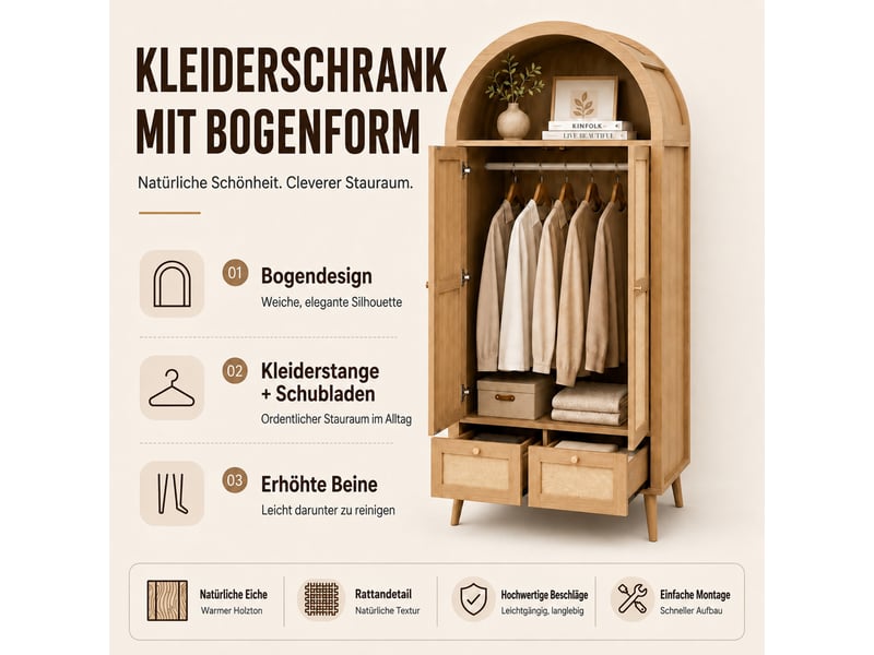  Armoire penderie hauteur 180 cm - 2 portes - 1 barre de penderie - 2 tiroirs - façades effet rotin - design arqué - mdf - chêne  - Conforama E