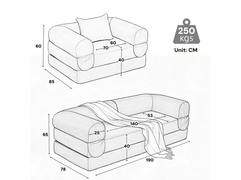  Canapé modulable 2 places avec rangement intégré, canapé d'angle moderne sans cadre en tissu cord côtelé marron pour salon et appartement compact  - Conforama C