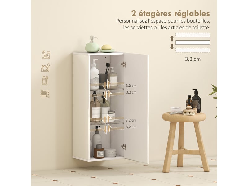  Meuble mural de salle de bain 1 porte étagères en verre mdf blanc 30x23,4x71,2 cm  - Conforama D