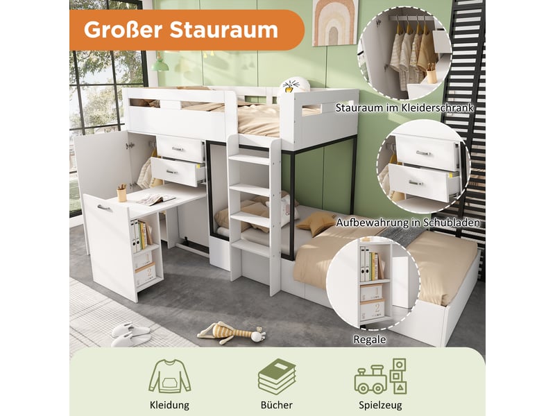 Lit mezzanine enfant 90 x 200 cm, bureau coulissant, penderie, tiroir, étagères et échelle, gain de place, sans matelas, coloris blanc ABC - Conforama D