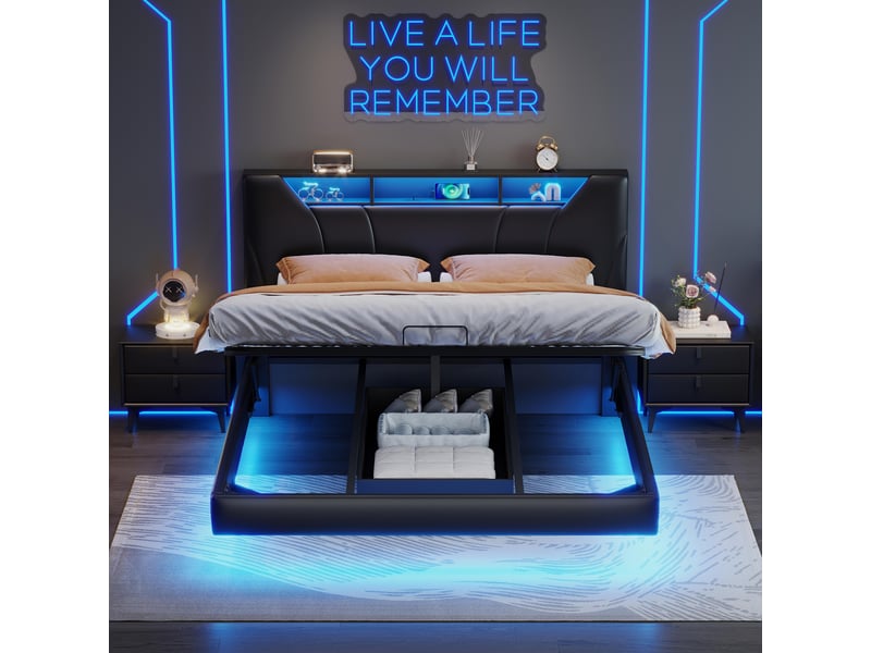Lit 140x190 cm avec led et port usb,lit flottant ,lit double,lit suspendu,tête de lit avec rangement,pu,noir - Conforama E