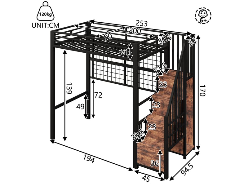  Lit mezzanine 90x200 cm avec armoire-escalier et led,coloris noir  - Conforama C