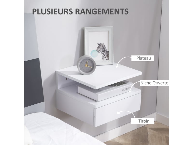  Lot de 2 tables de chevet murales, tables de nuit suspendues avec tiroir coulissant, compartiment ouvert, plateau, style moderne, pour chambre à coucher, blanc, 35 x 32 x 22,5 cm  - Conforama E