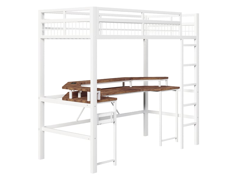  Lit mezzanine blanc 90×200 cm en fer et mdf, bureau, led multicolores, 1 usb, 1 usb-c, 2 prises et panneau perforé  - Conforama A