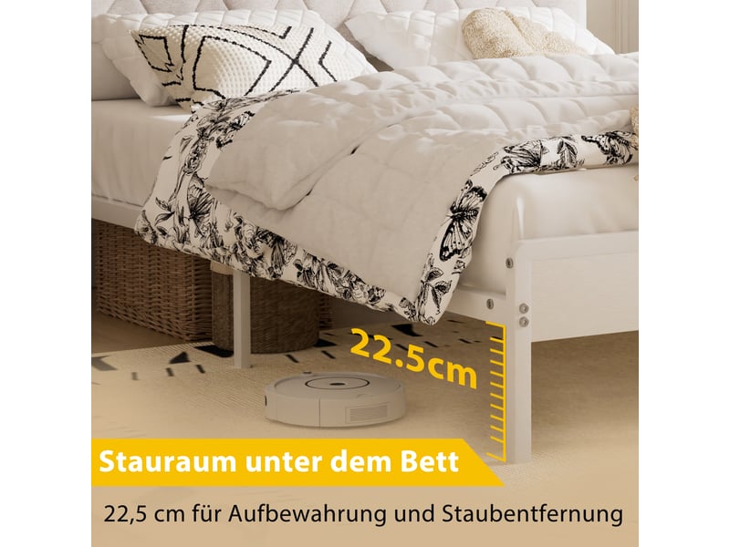  Lit rembourré 140x190 cm avec led multicolore,2 prises secteur+2 usb,rangement sous lit 22,5 cm,structure métal,blanc  - Conforama C
