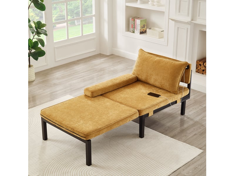  Fauteuil convertible extensible 1 place avec couchage, coussin et ports usb type-c en velours jaune  - Conforama E