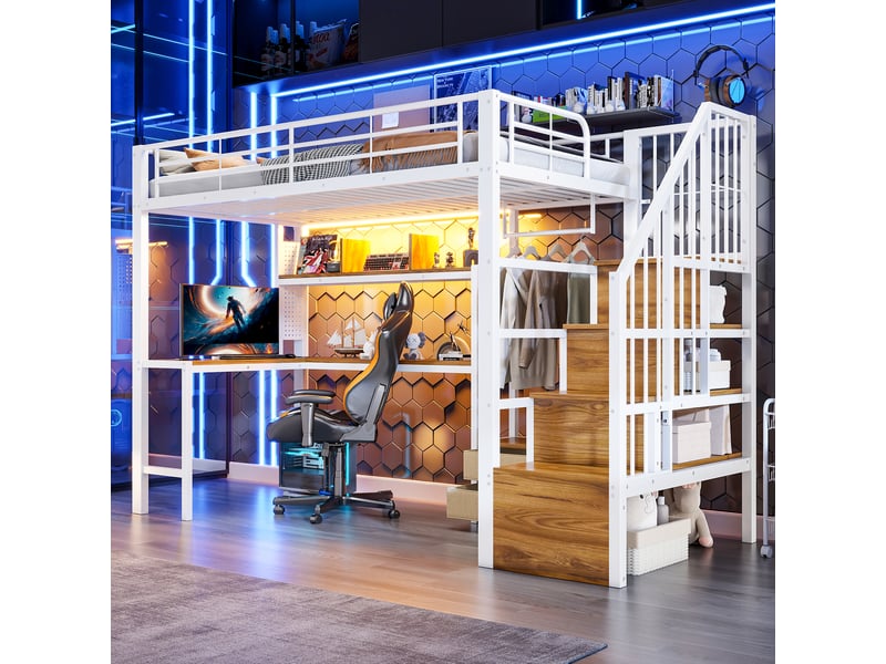  Lit mezzanine 90x200 cm avec 2 tiroirs et penderie, lit haut avec éclairage led intégré et bureau et escalier avec rangements métal blanc OPULERANE TRADING LTD - Conforama E