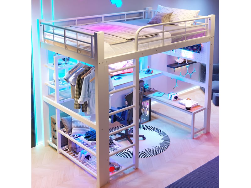  Lit mezzanine 140x200 cm avec bureau, led et rangements blanc  - Conforama D