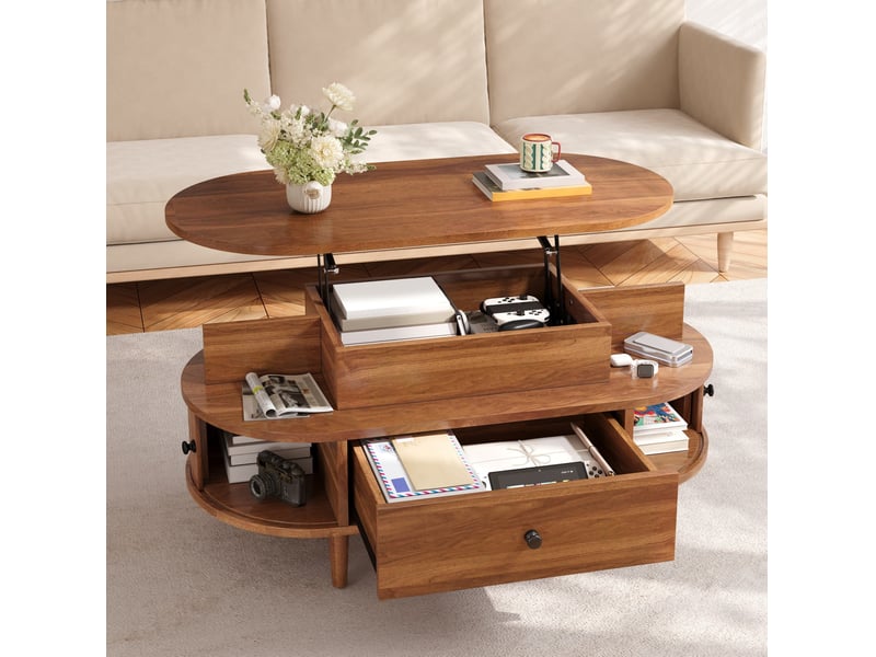  Table basse ovale 105x50x60,5 cm mdf marron avec plateau relevable  - Conforama D