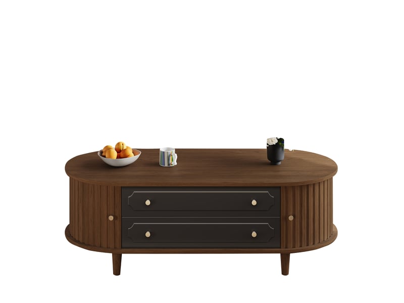  Table basse 100 x 50 x 36 cm, 2 tiroirs, 2 portes à volet, 6 poignées métal, panneau de particules, noir et noyer  - Conforama A
