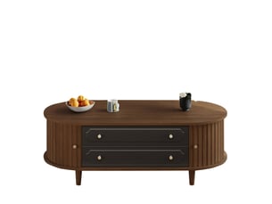 Table basse 100 x 50 x 36 cm, 2 tiroirs, 2 portes à volet, 6 poignées métal, panneau de particules, noir et noyer
